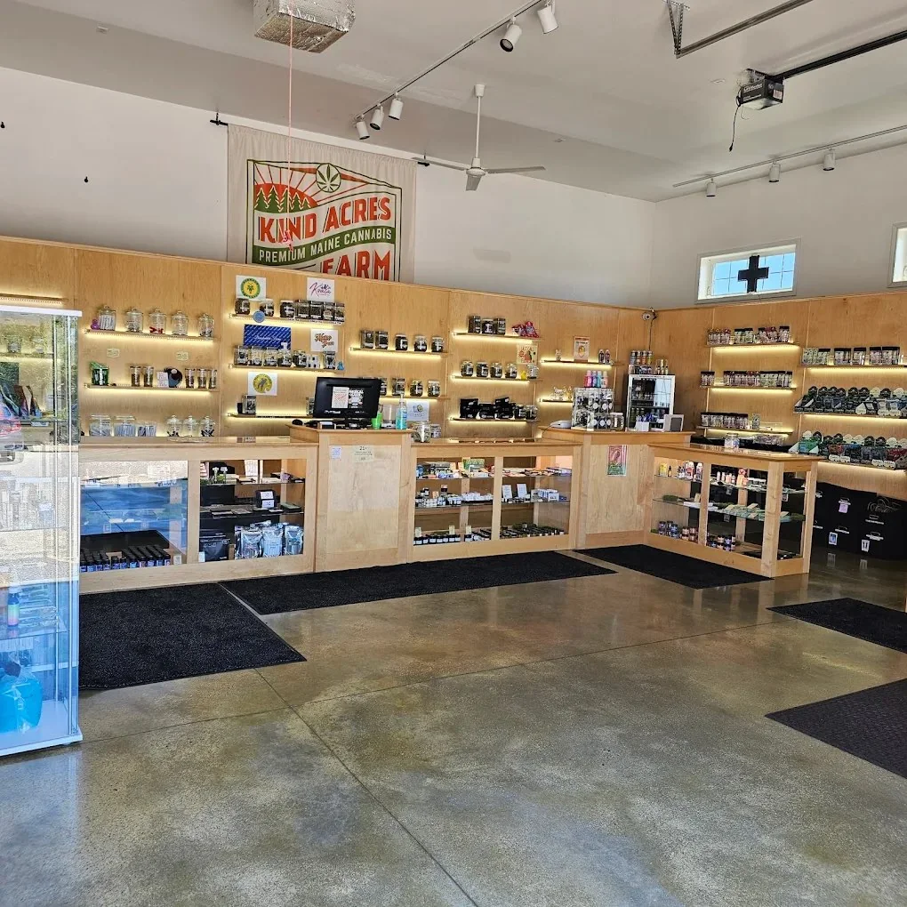 Inside Kind Acres Farm — the front counter with jars of flower on lit wood shelves