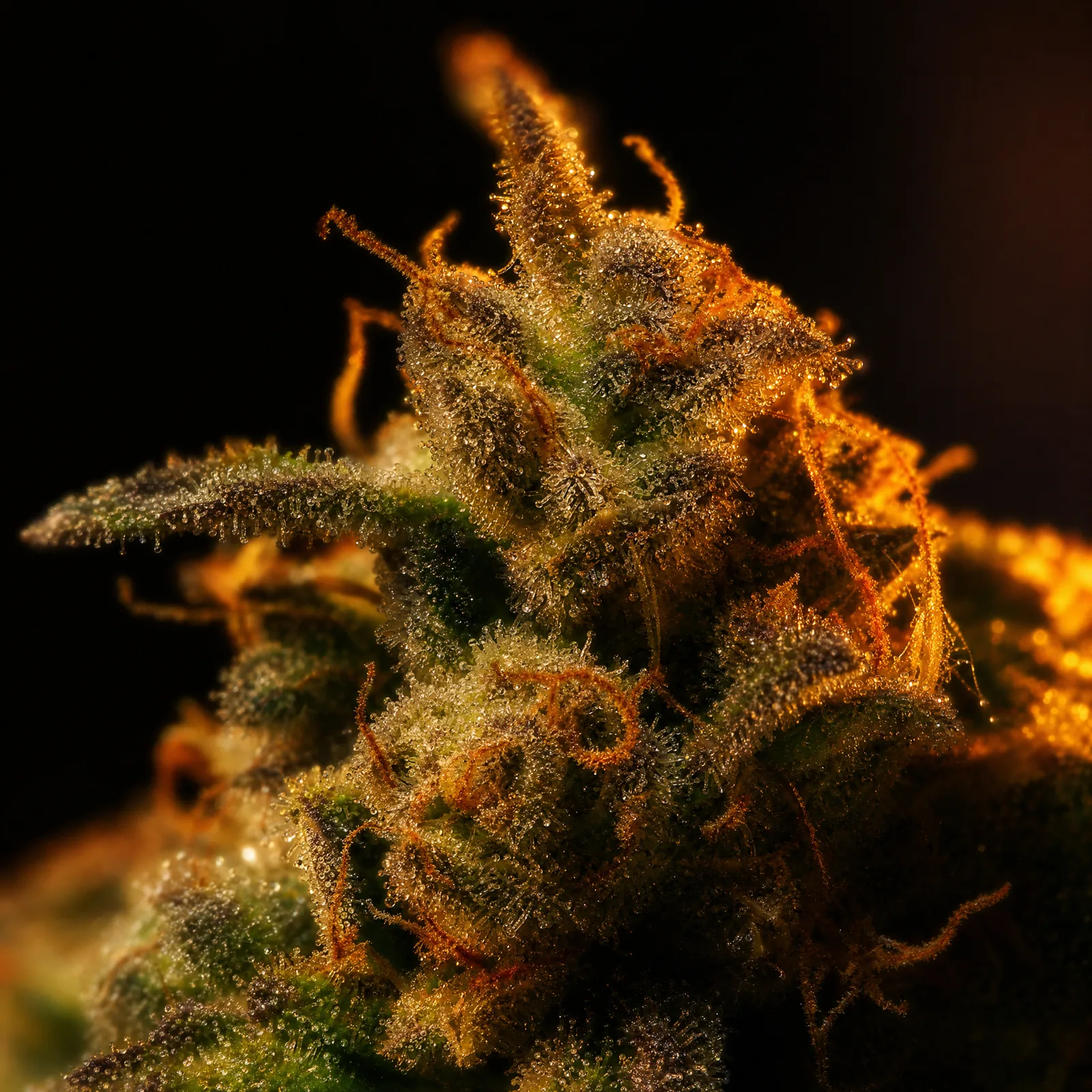 A craft cannabis flower frosted with trichomes in warm golden light